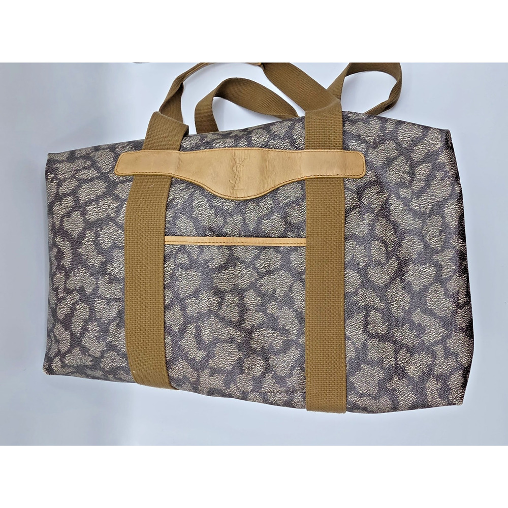 YSL Yves Saint Laurent Vintage Monogram Canvas Travel Gym Brown Tan Leather